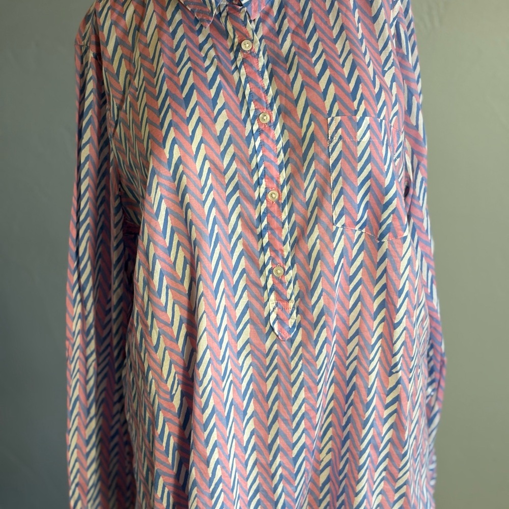 J Crew Reimagined Blue Pink 1/2 Button Up Stripe Chevron Collared Blouse XL